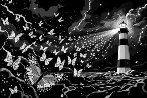 Migración Eléctrica · Faro en Tormenta Memphis en blanco y negro