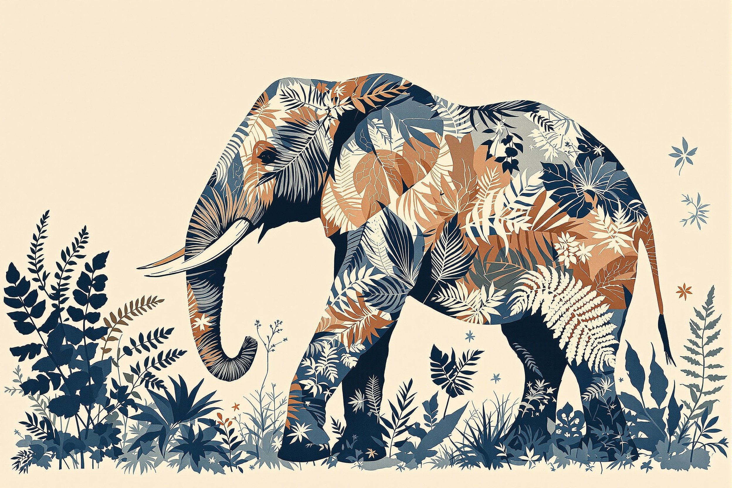 Elefante Botánico en Cianotipo Terracota