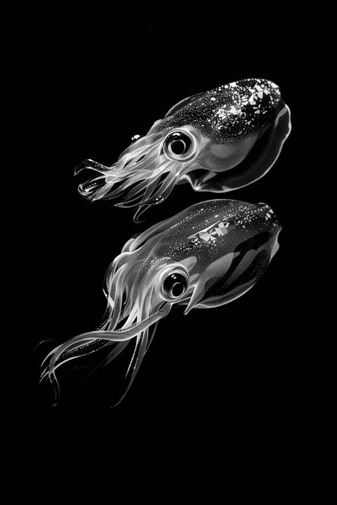 Crepúsculo Abisal: Danza de Calamares Vampiro en blanco y negro