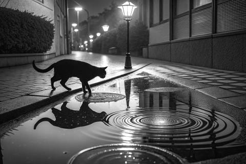 Reflejo Infinito del Gato Nocturno en blanco y negro